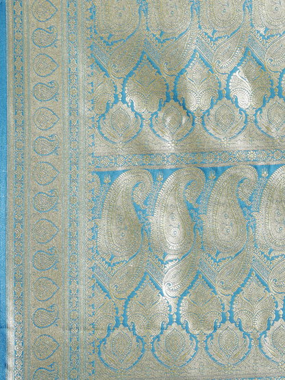 Faishana Turquoise Blue Satin Silk Half Half Patli Zari Booti Saree With Turquoise Blue Blouse