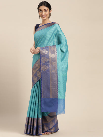 Faishana Turquoise Blue Resham Brocade Saree With Contrast Blue Zari Pattu Border