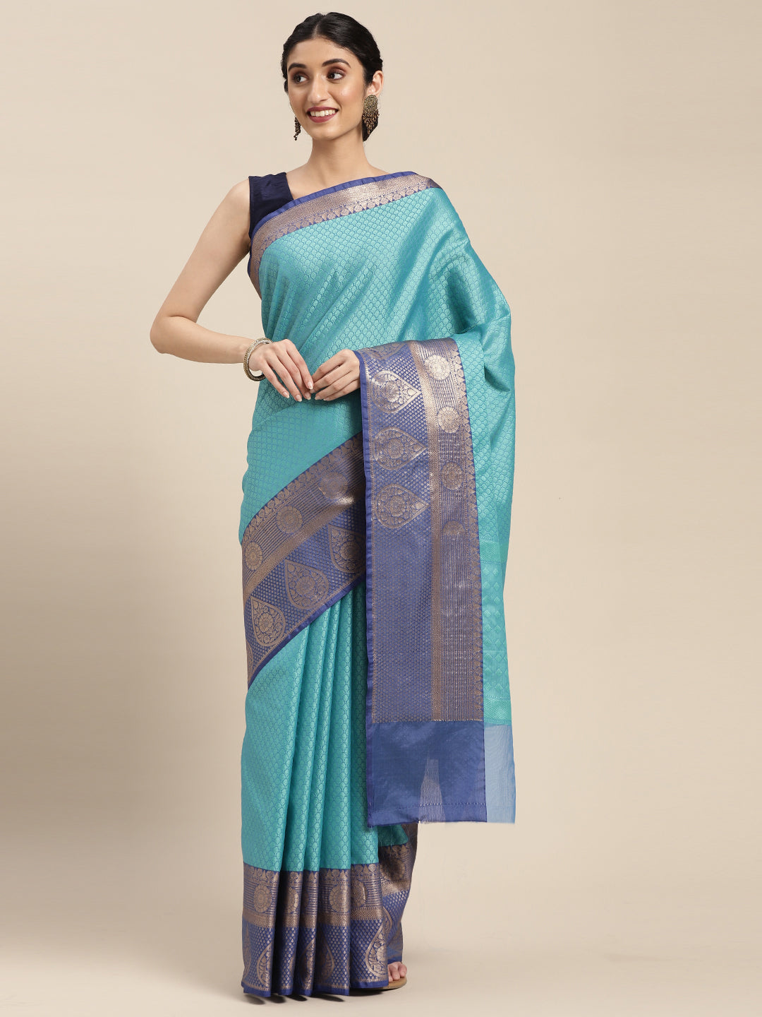 Faishana Turquoise Blue Resham Brocade Saree With Contrast Blue Zari Pattu Border