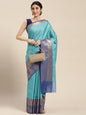 Faishana Turquoise Blue Resham Brocade Saree With Contrast Blue Zari Pattu Border
