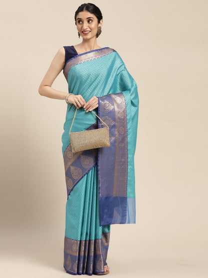 Turquoise Blue Tanchoi Banarasi Sarees For Women GEBC11