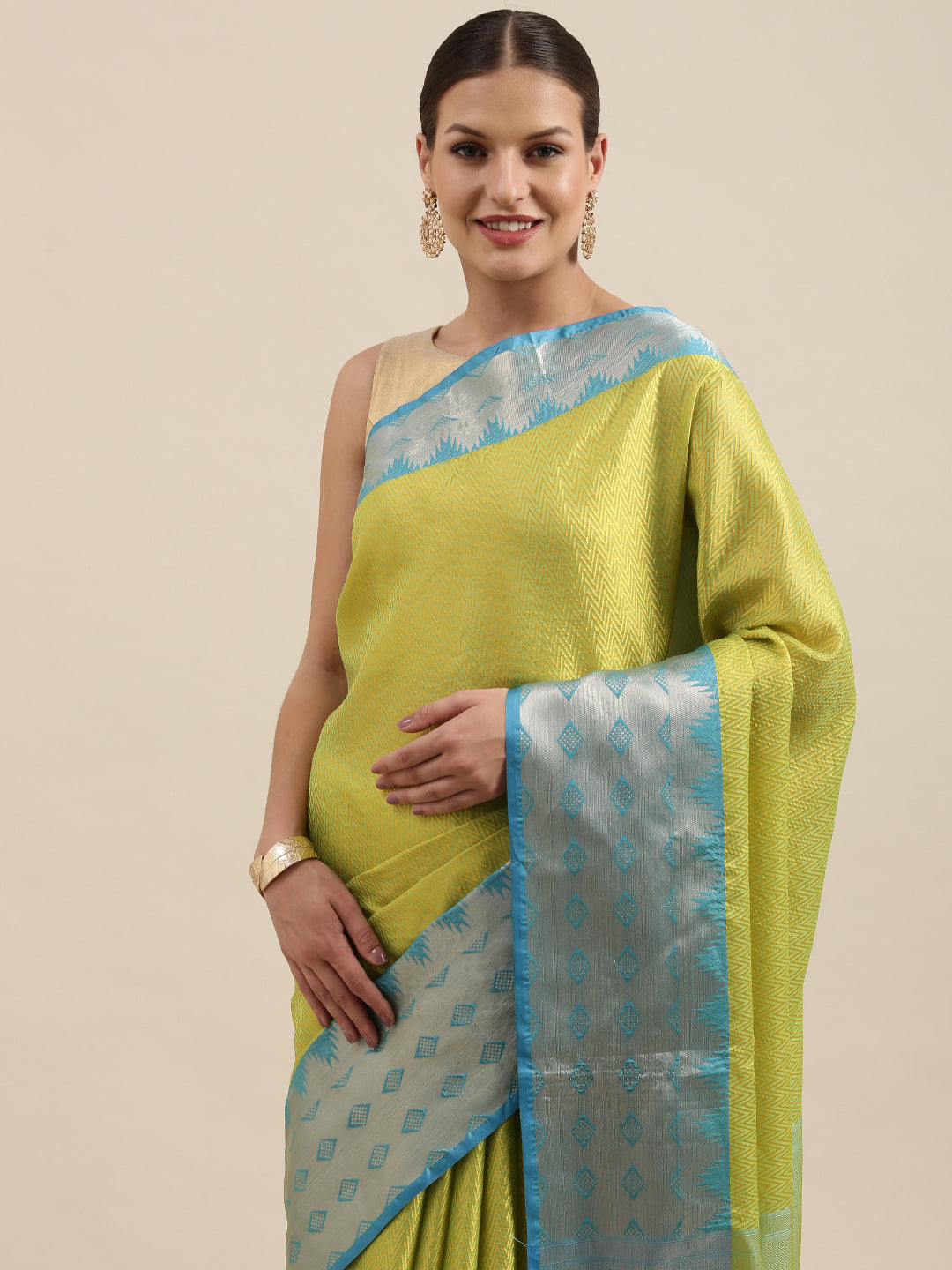 Faishana Gold Resham Brocade Saree With Contrast Blue Zari Pattu Border
