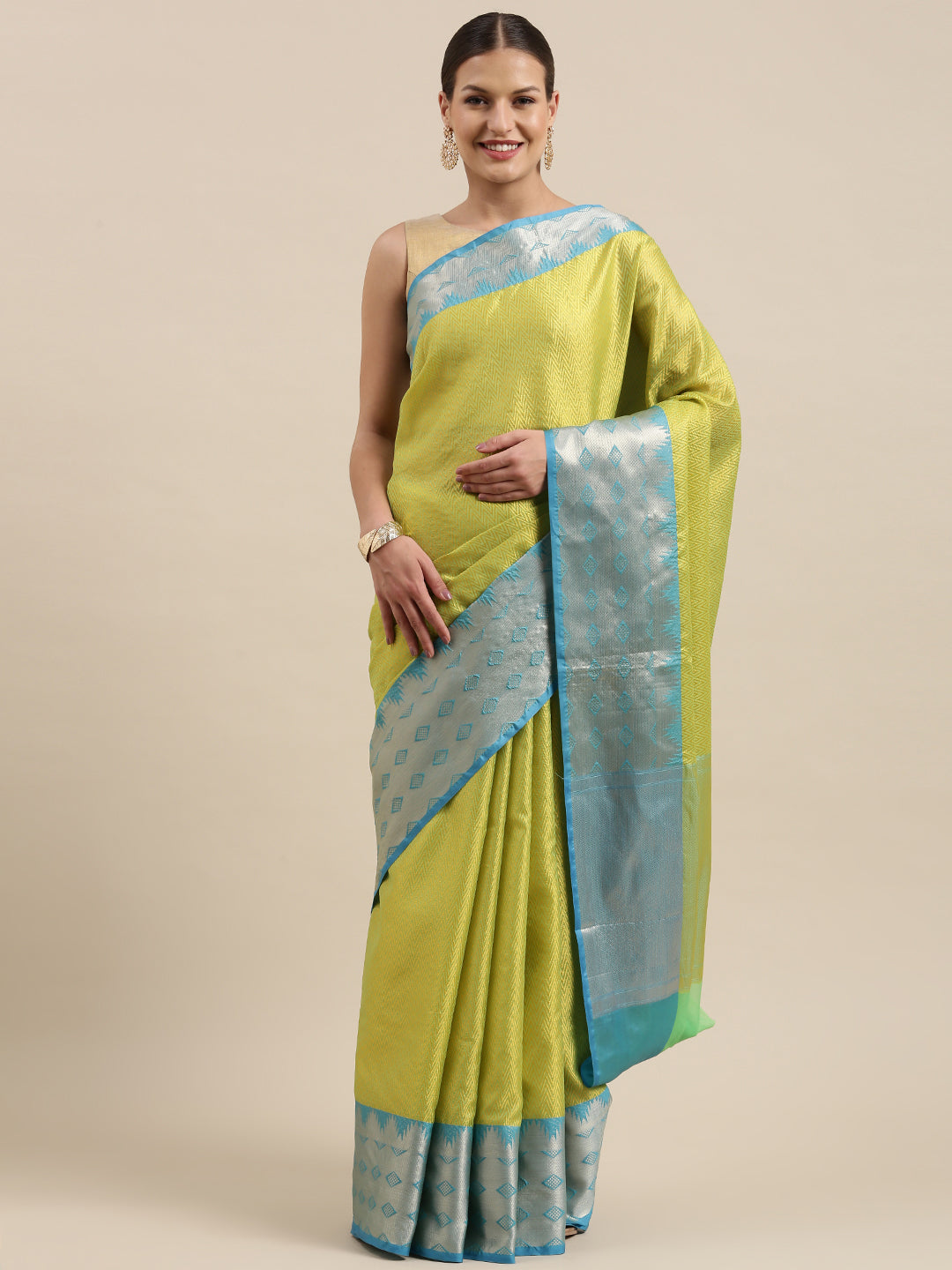 Faishana Gold Resham Brocade Saree With Contrast Blue Zari Pattu Border