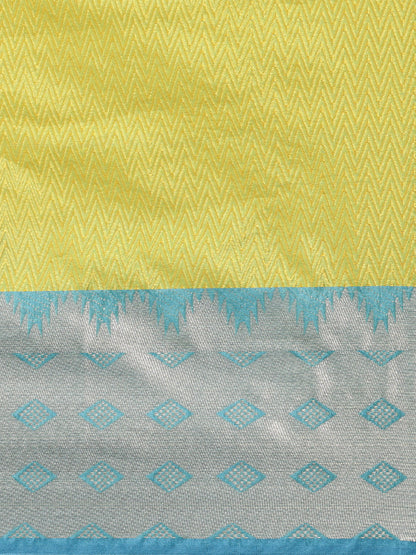 Faishana Gold Resham Brocade Saree With Contrast Blue Zari Pattu Border
