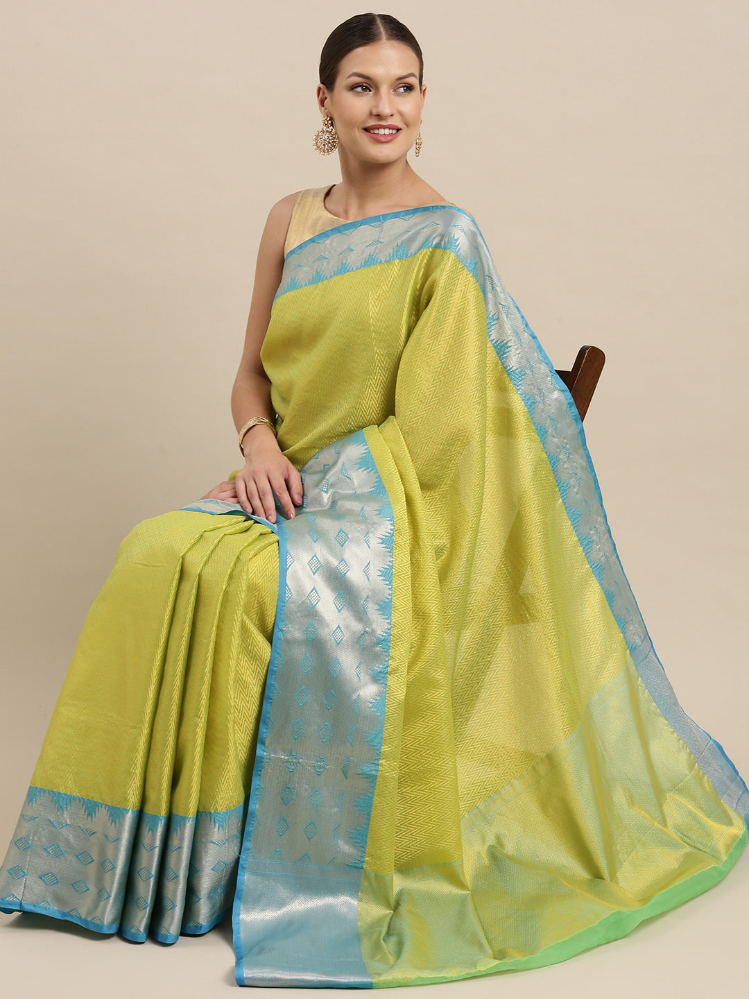 Faishana Gold Resham Brocade Saree With Contrast Blue Zari Pattu Border