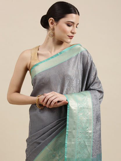 Faishana Grey Resham Brocade Saree With Contrast Seagreen Zari Pattu Border