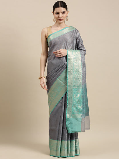 Faishana Grey Resham Brocade Saree With Contrast Seagreen Zari Pattu Border