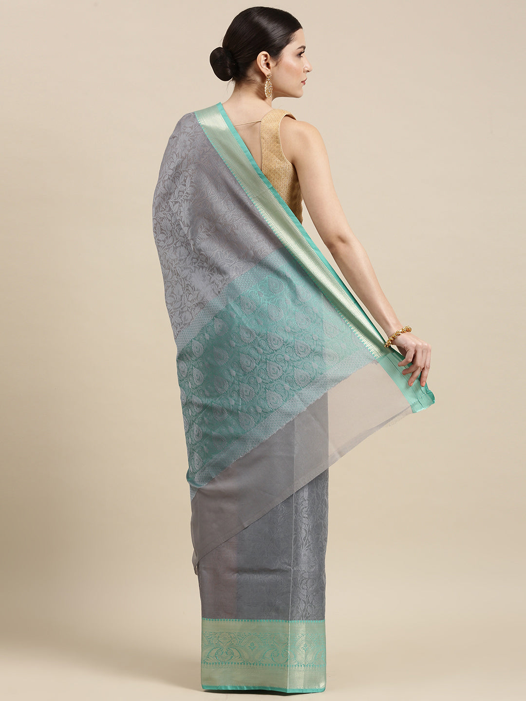 Faishana Grey Resham Brocade Saree With Contrast Seagreen Zari Pattu Border