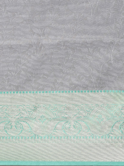 Faishana Grey Resham Brocade Saree With Contrast Seagreen Zari Pattu Border