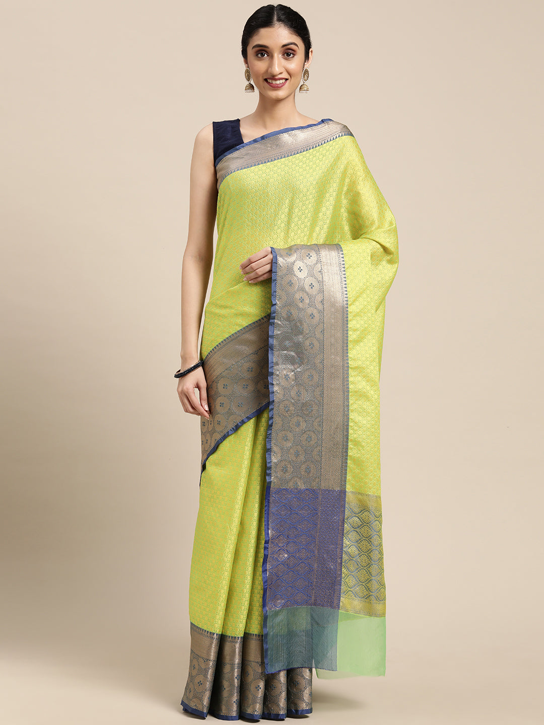Faishana Green Resham Brocade Saree With Contrast Blue Zari Pattu Border