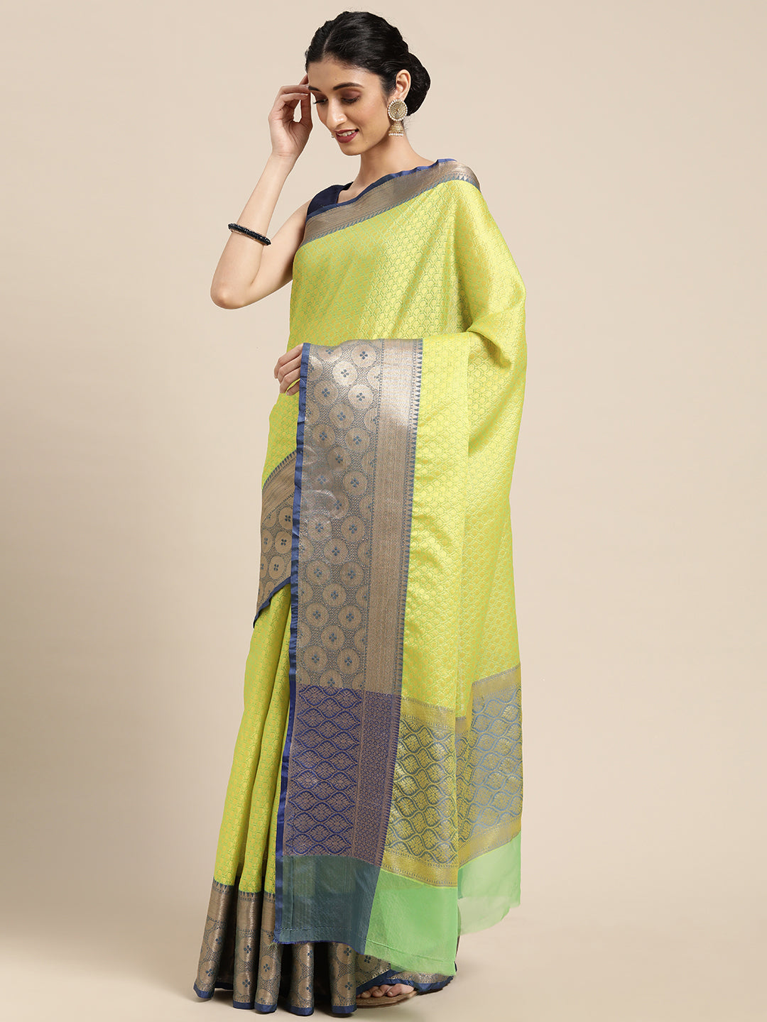 Faishana Green Resham Brocade Saree With Contrast Blue Zari Pattu Border