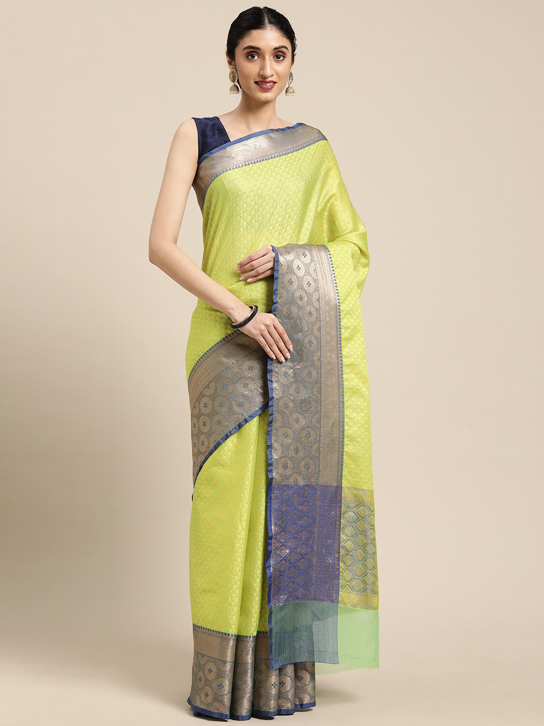 Faishana Green Resham Brocade Saree With Contrast Blue Zari Pattu Border