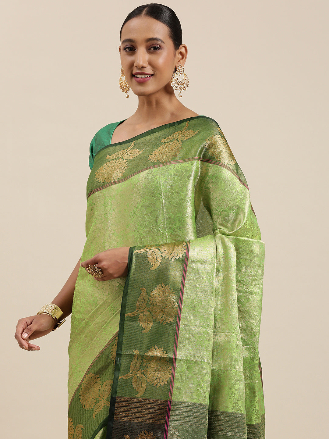Lime Green Kanchi Silk Banarasi Sarees For Women GEBE11