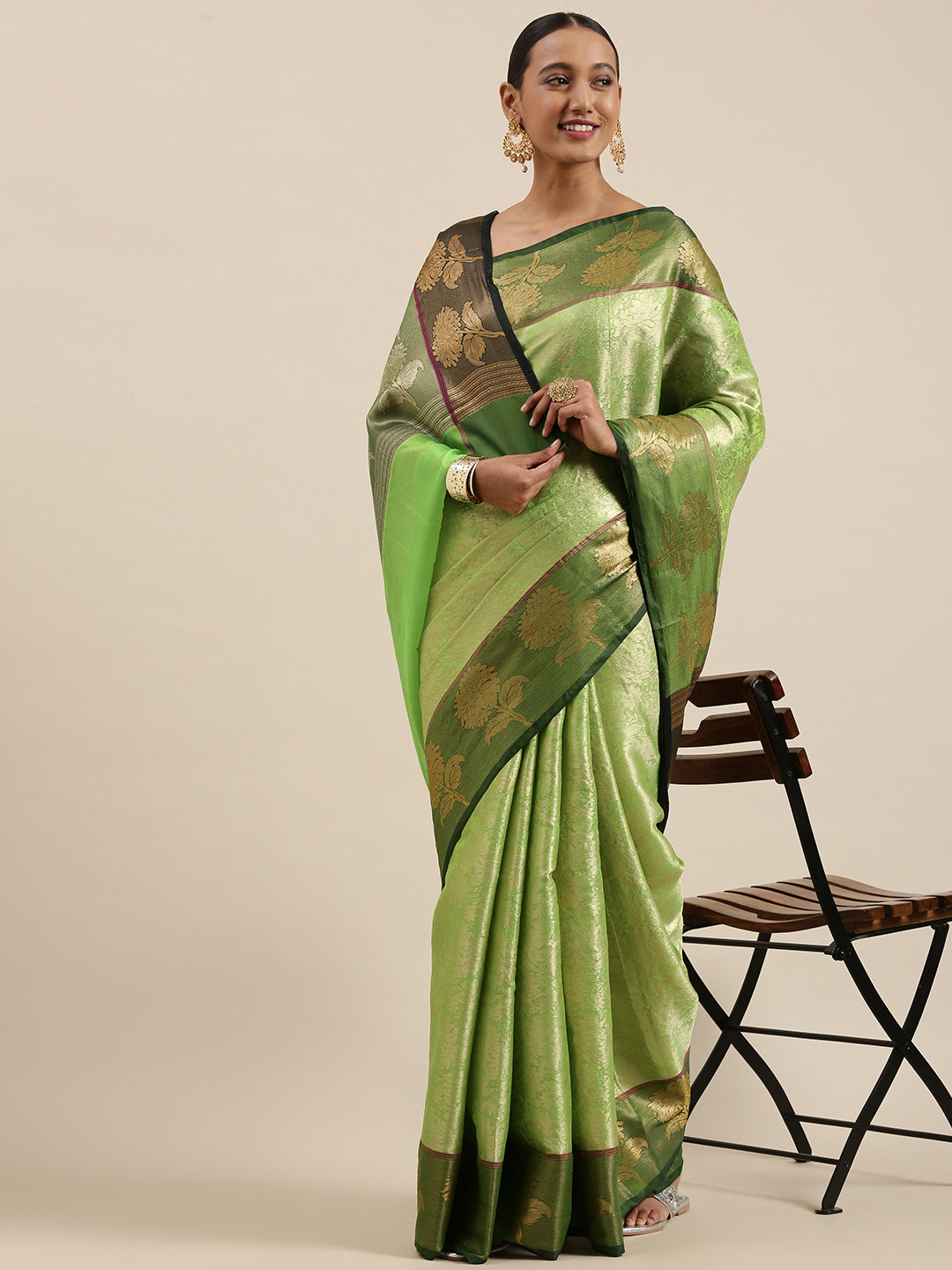 Lime Green Kanchi Silk Banarasi Sarees For Women GEBE11