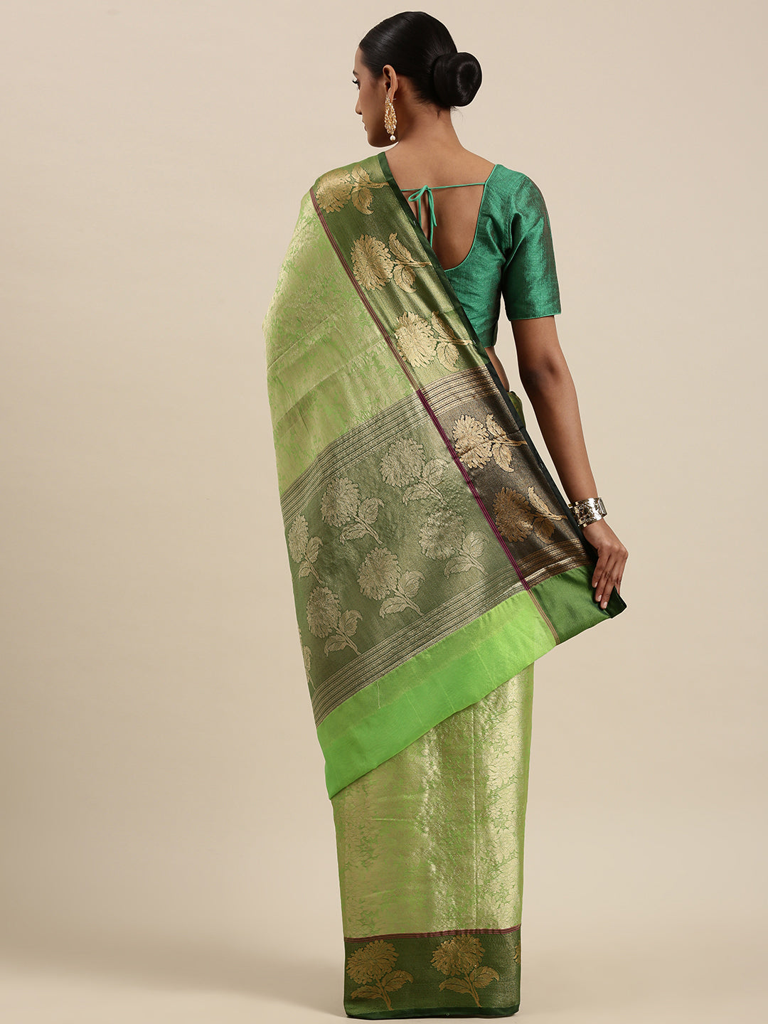 Lime Green Kanchi Silk Banarasi Sarees For Women GEBE11