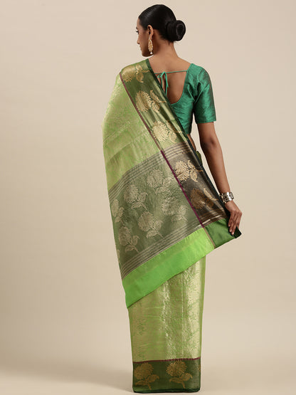 Lime Green Kanchi Silk Banarasi Sarees For Women GEBE11