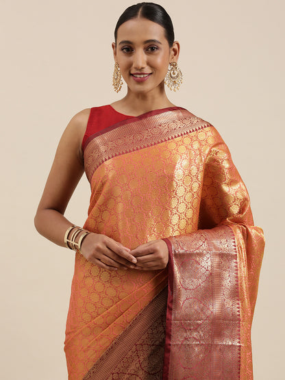 Faishana Presents Peach Zari Kanchi Silk Brocade Contrast Maroon Zari Pattu Border Banarasi Saree