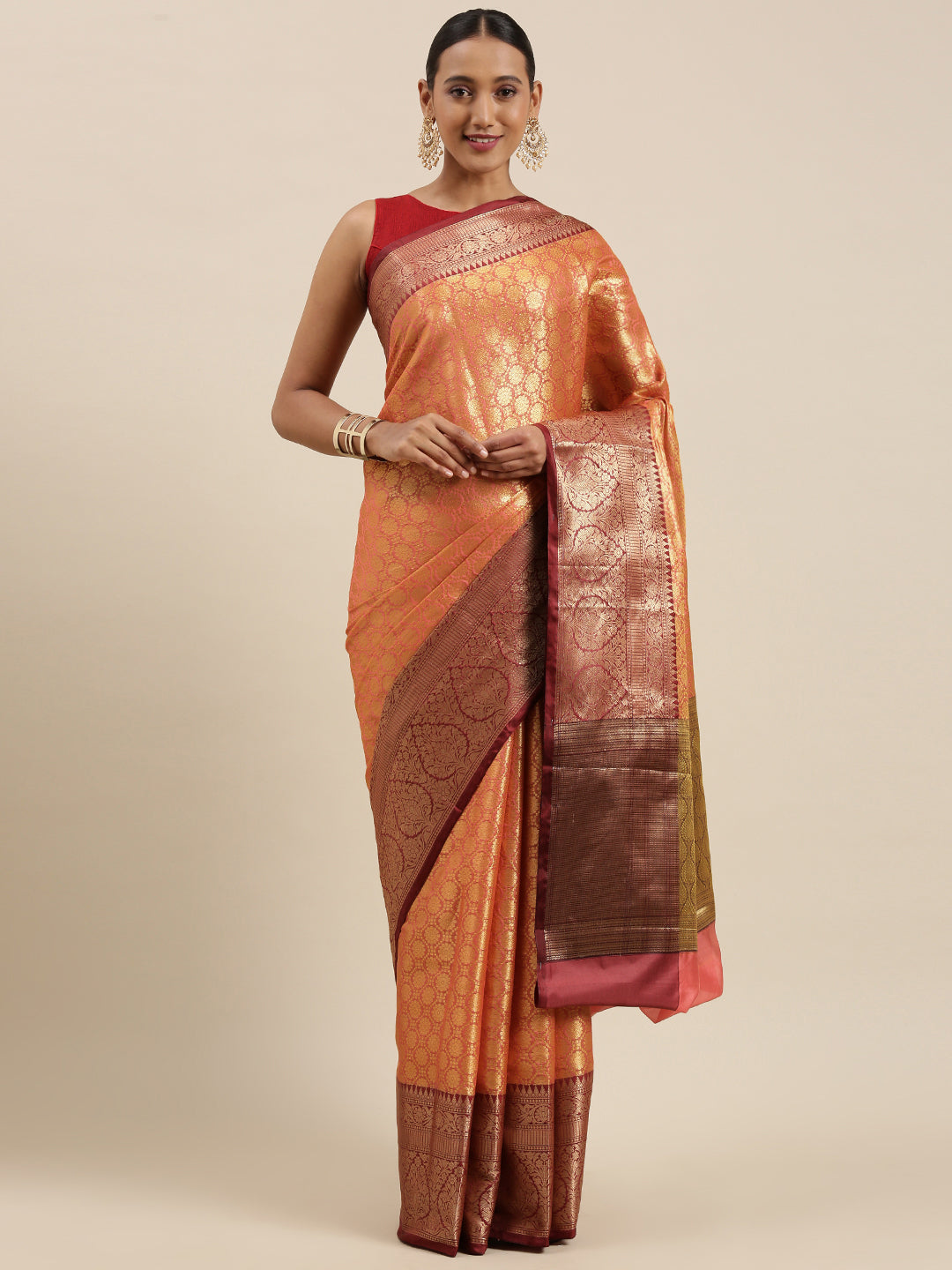 Faishana Presents Peach Zari Kanchi Silk Brocade Contrast Maroon Zari Pattu Border Banarasi Saree