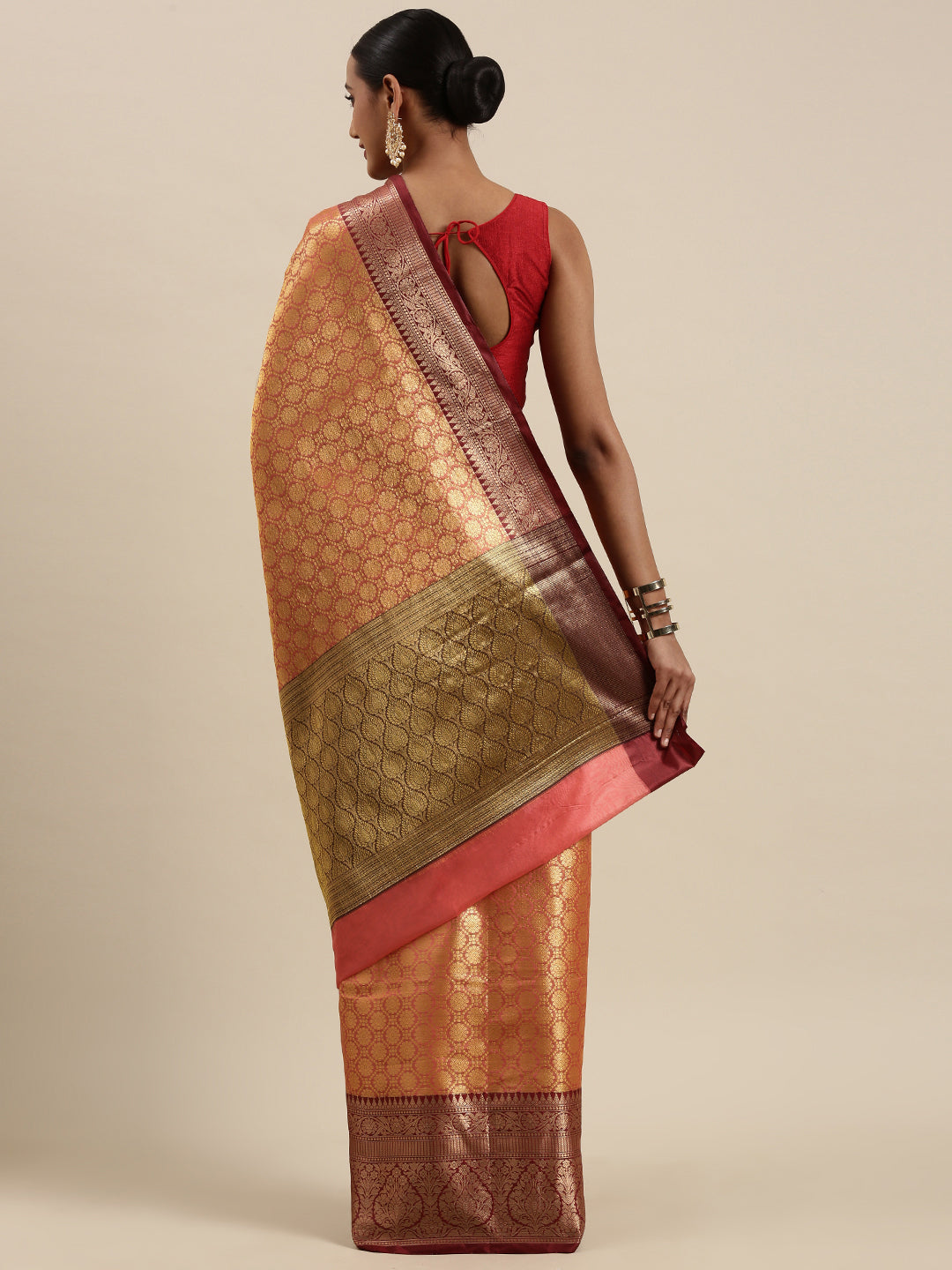 Faishana Presents Peach Zari Kanchi Silk Brocade Contrast Maroon Zari Pattu Border Banarasi Saree