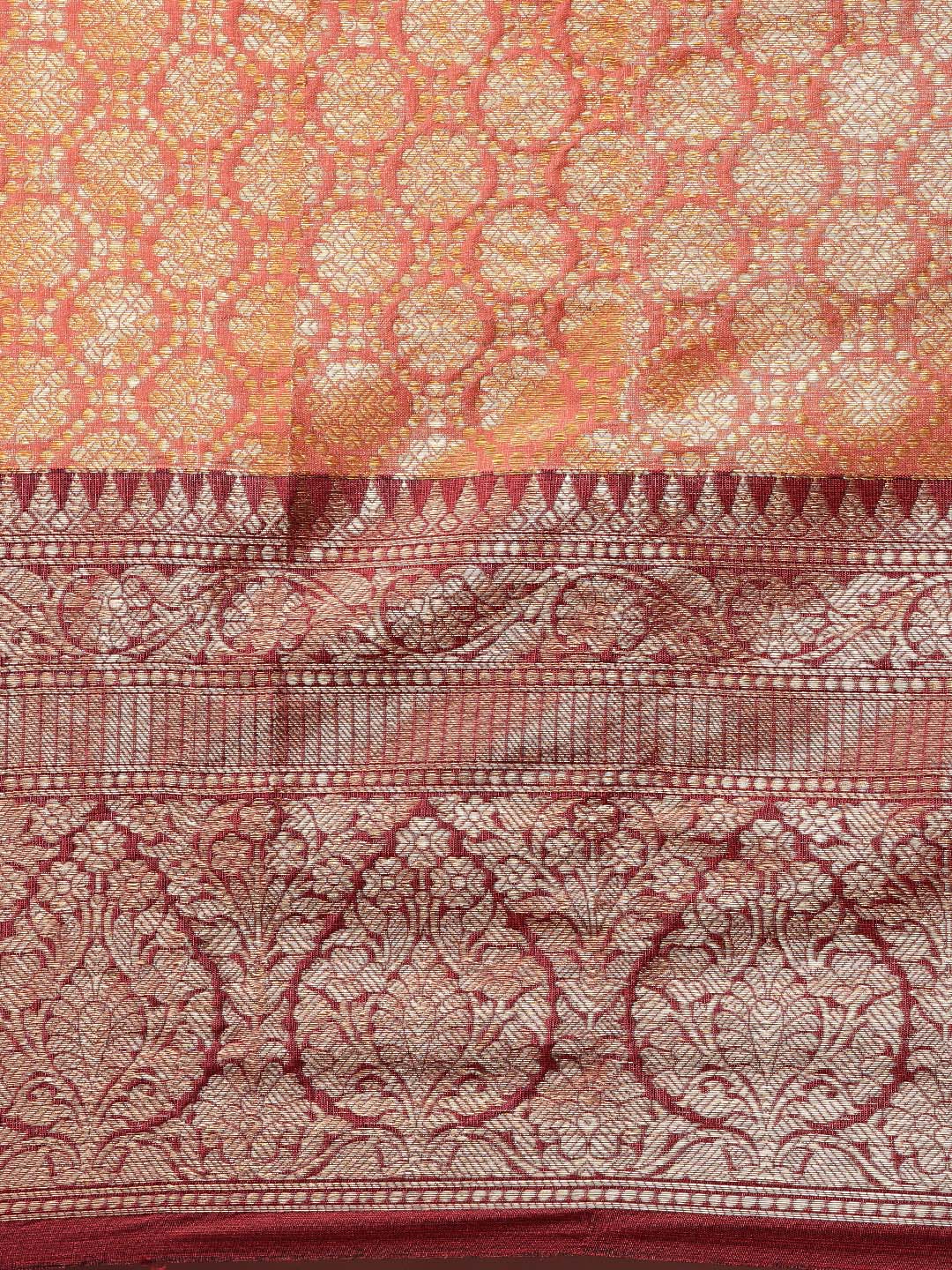 Faishana Presents Peach Zari Kanchi Silk Brocade Contrast Maroon Zari Pattu Border Banarasi Saree
