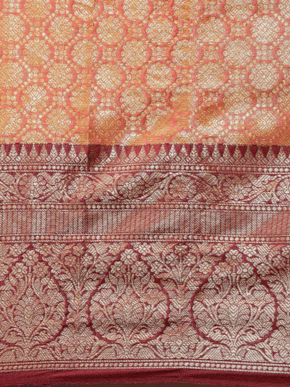 Faishana Presents Peach Zari Kanchi Silk Brocade Contrast Maroon Zari Pattu Border Banarasi Saree