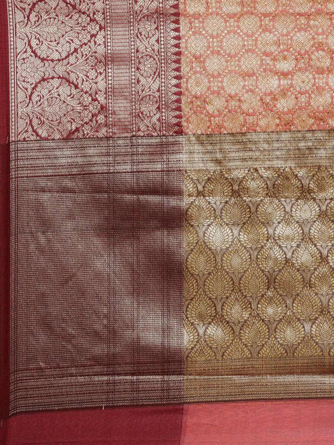 Faishana Presents Peach Zari Kanchi Silk Brocade Contrast Maroon Zari Pattu Border Banarasi Saree