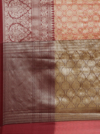 Faishana Presents Peach Zari Kanchi Silk Brocade Contrast Maroon Zari Pattu Border Banarasi Saree