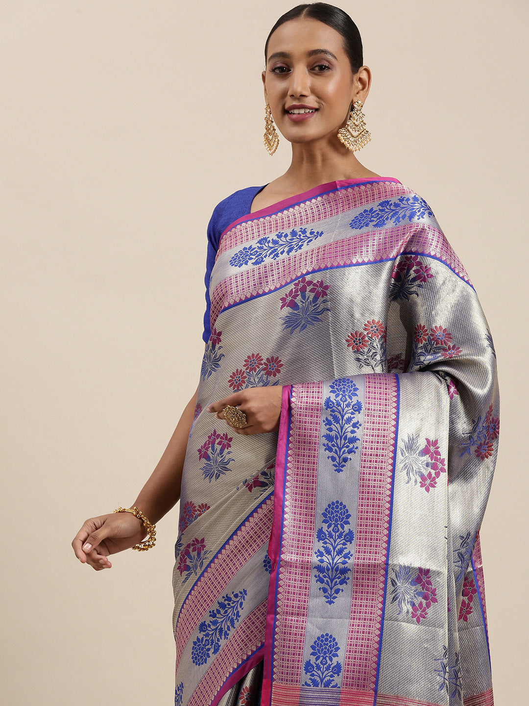 Faishana Presents Grey Zari Meena Paithani Brocade Contrast Pink Pattu Border Banarasi Saree