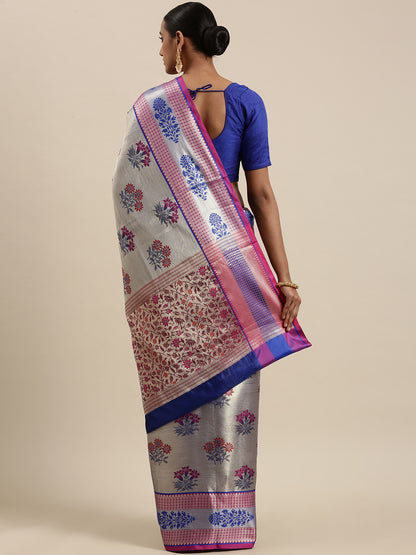 Faishana Presents Grey Zari Meena Paithani Brocade Contrast Pink Pattu Border Banarasi Saree