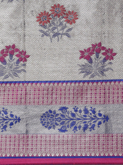 Faishana Presents Grey Zari Meena Paithani Brocade Contrast Pink Pattu Border Banarasi Saree