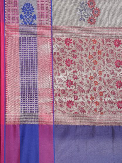 Faishana Presents Grey Zari Meena Paithani Brocade Contrast Pink Pattu Border Banarasi Saree
