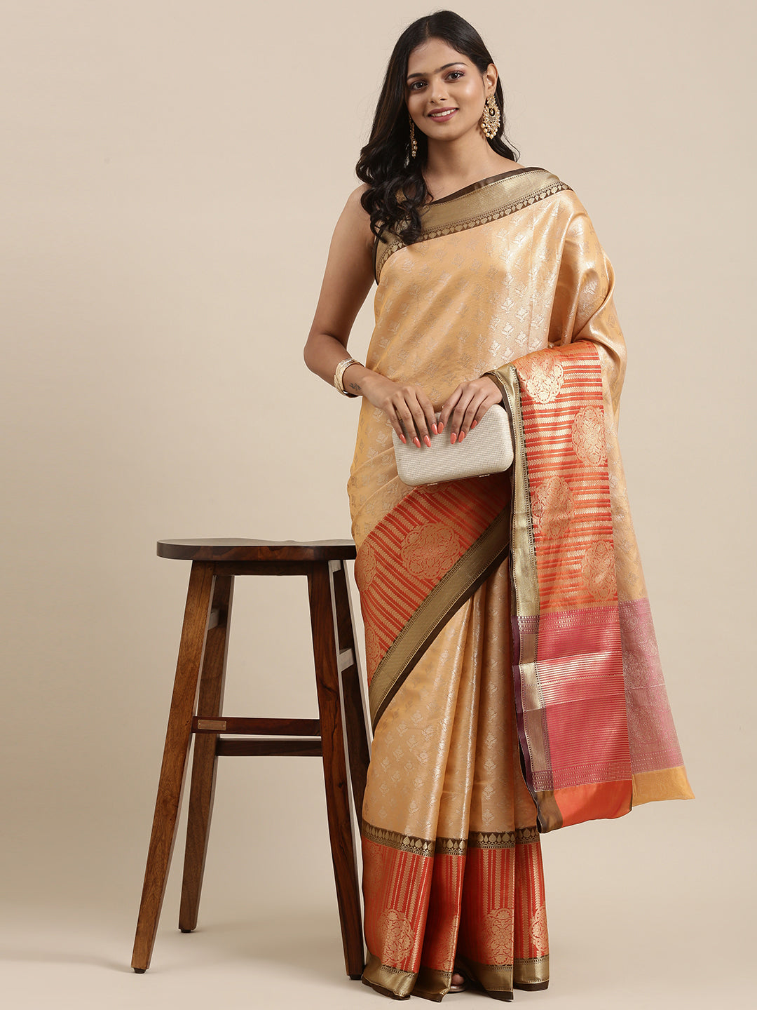 Beige Kanchi Silk Banarasi Sarees For Women GEBE29