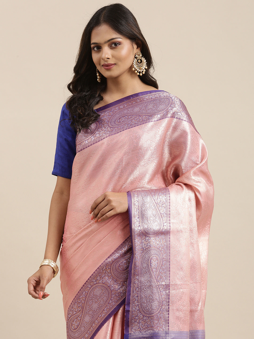 Faishana Presents Zari Pink Kanchi Silk Brocade Contrast Silver Gold Zari Jamawar Border Saree