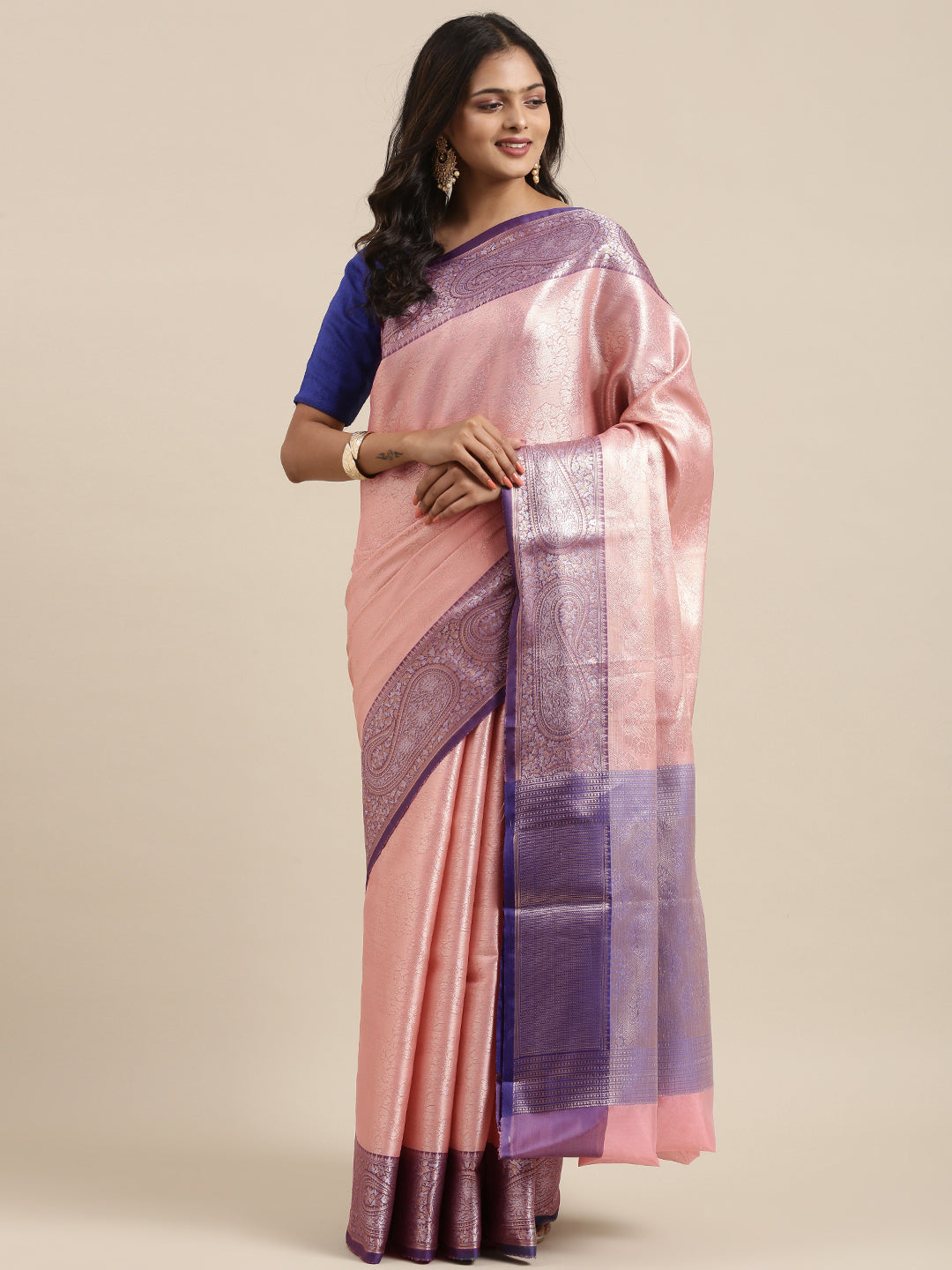 Faishana Presents Zari Pink Kanchi Silk Brocade Contrast Silver Gold Zari Jamawar Border Saree