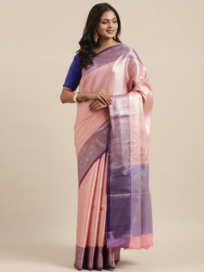 Faishana Presents Zari Pink Kanchi Silk Brocade Contrast Silver Gold Zari Jamawar Border Saree