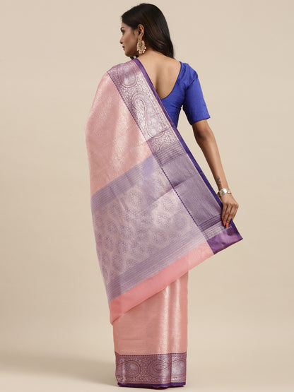 Faishana Presents Zari Pink Kanchi Silk Brocade Contrast Silver Gold Zari Jamawar Border Saree