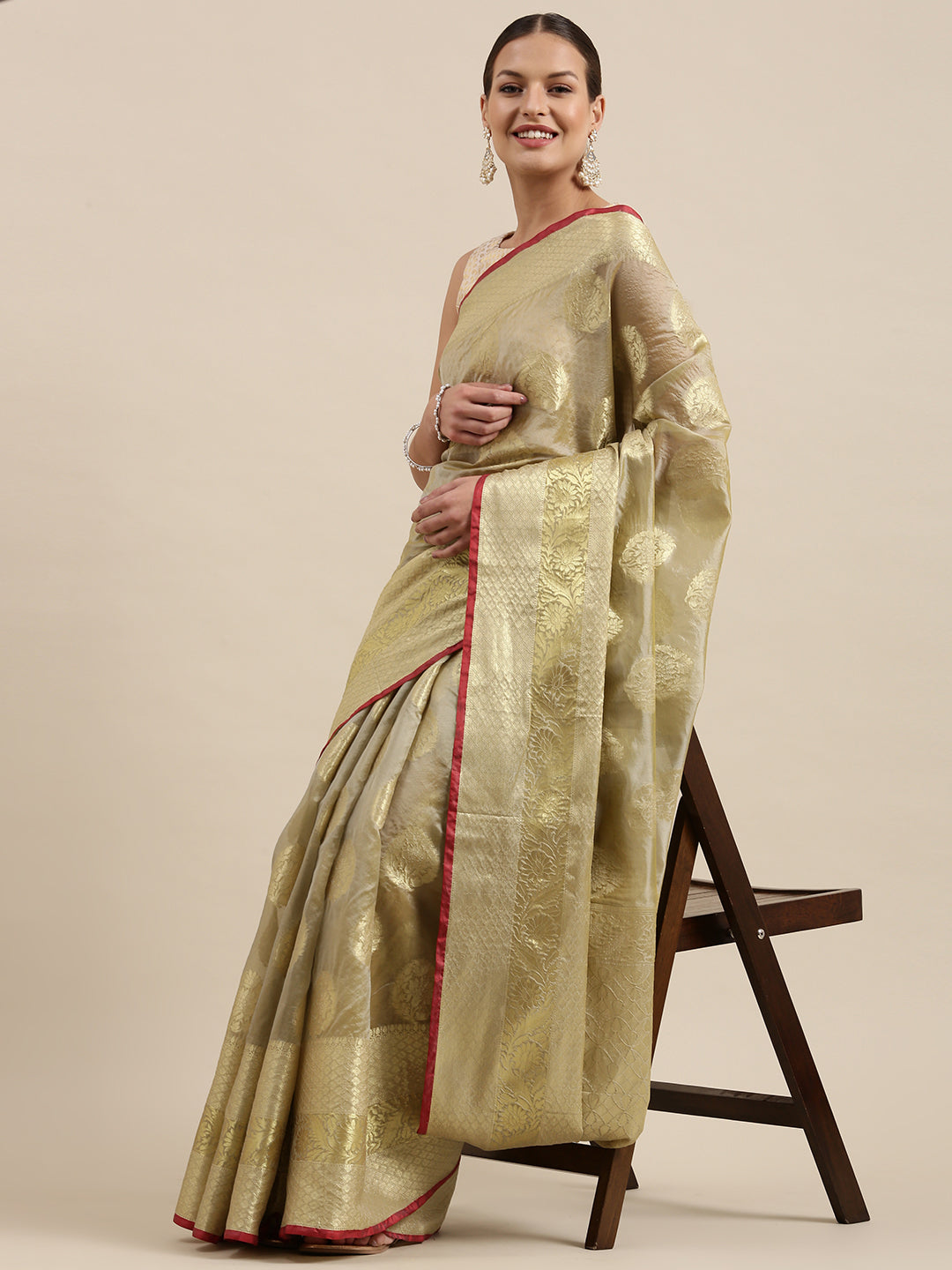 Faishana Presents Handwoven Olive Green Bright Silk Boota Skirt Border With Olive Green Blouse Banarasi Saree