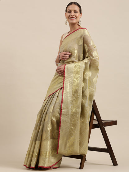 Faishana Presents Handwoven Olive Green Bright Silk Boota Skirt Border With Olive Green Blouse Banarasi Saree