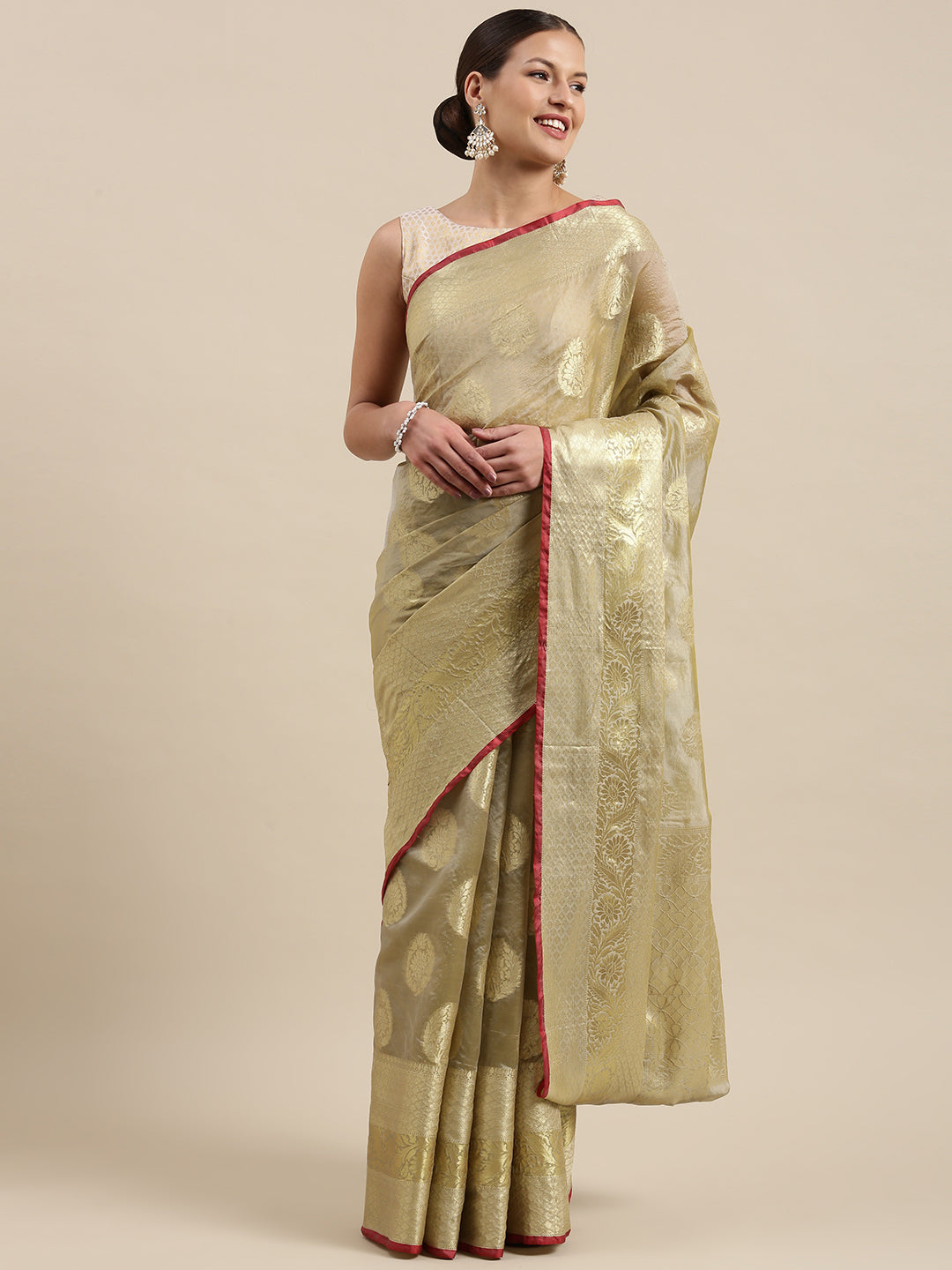 Faishana Presents Handwoven Olive Green Bright Silk Boota Skirt Border With Olive Green Blouse Banarasi Saree
