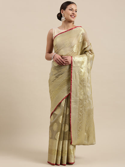 Faishana Presents Handwoven Olive Green Bright Silk Boota Skirt Border With Olive Green Blouse Banarasi Saree