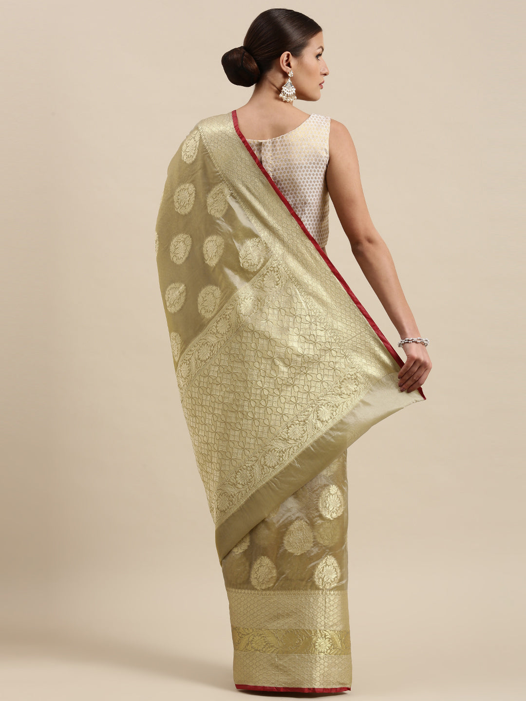 Faishana Presents Handwoven Olive Green Bright Silk Boota Skirt Border With Olive Green Blouse Banarasi Saree