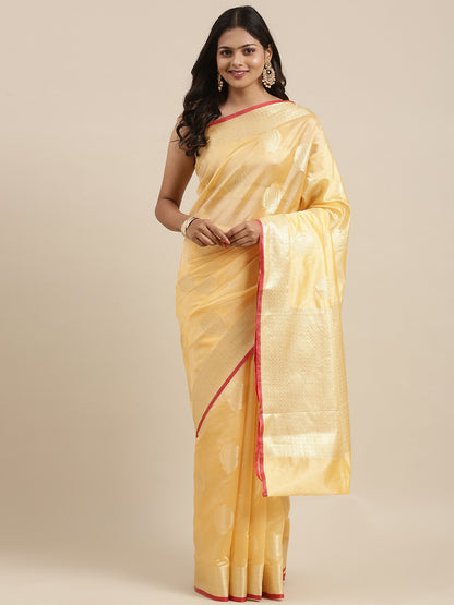 Faishana Presents Handwoven Peach Bright Silk Boota Zari Border With Peach Blouse Banarasi Saree