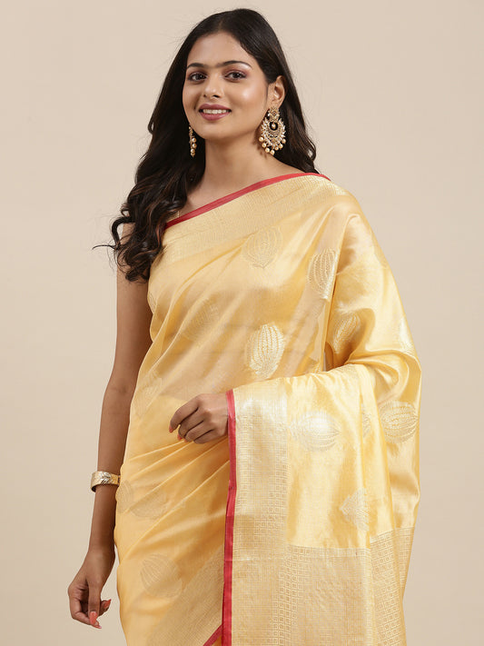 Faishana Presents Handwoven Peach Bright Silk Boota Zari Border With Peach Blouse Banarasi Saree