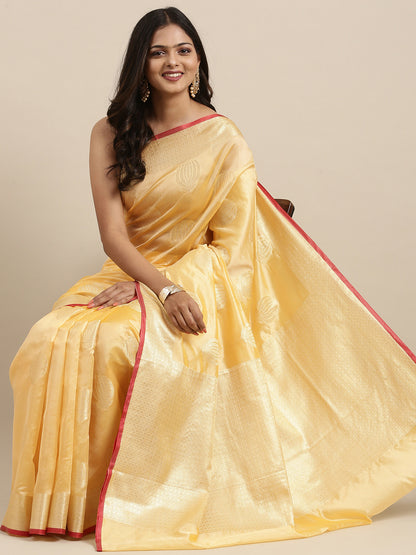 Faishana Presents Handwoven Peach Bright Silk Boota Zari Border With Peach Blouse Banarasi Saree