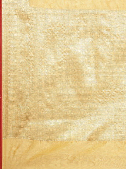 Faishana Presents Handwoven Peach Bright Silk Boota Zari Border With Peach Blouse Banarasi Saree