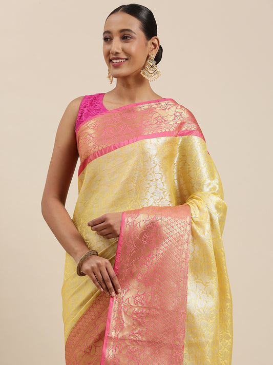 Faishana Presents Presents Gold Kanchi Silk Zari Brocade Contrast Silk Zari Brocade Red Pattu Border Banarasi Saree.