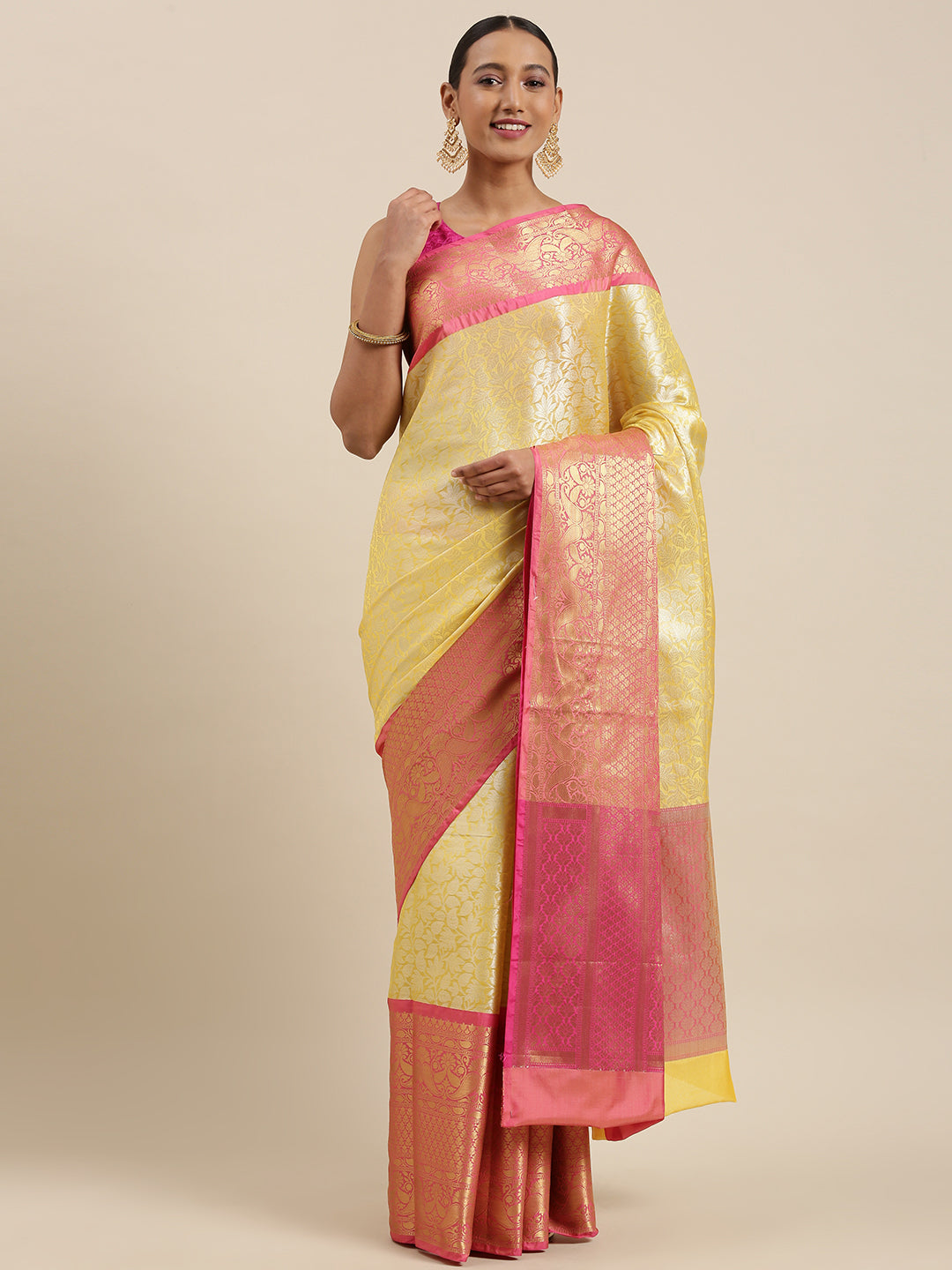Faishana Presents Presents Gold Kanchi Silk Zari Brocade Contrast Silk Zari Brocade Red Pattu Border Banarasi Saree.