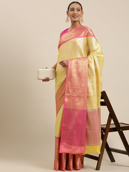 Faishana Presents Presents Gold Kanchi Silk Zari Brocade Contrast Silk Zari Brocade Red Pattu Border Banarasi Saree.