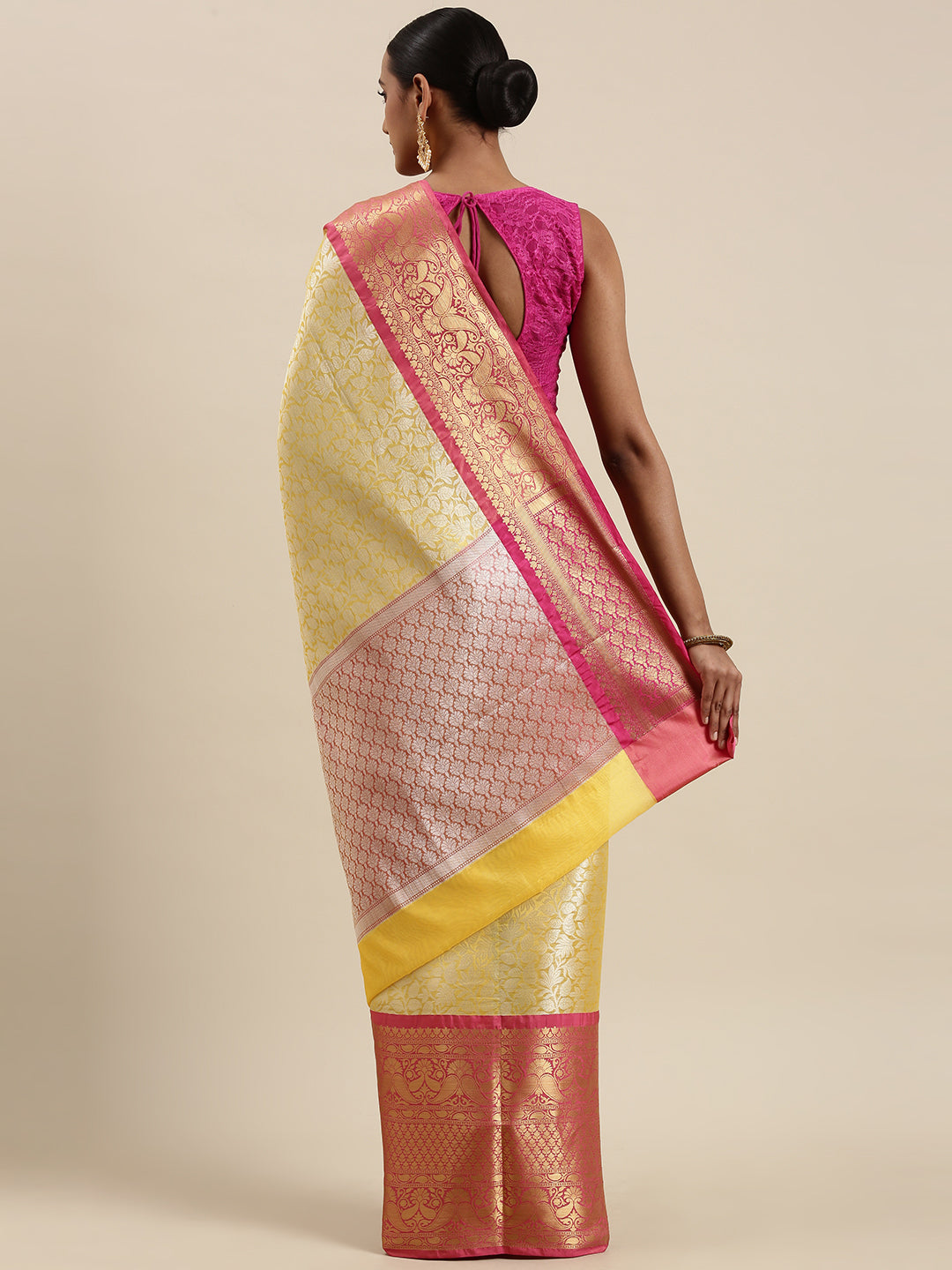 Faishana Presents Presents Gold Kanchi Silk Zari Brocade Contrast Silk Zari Brocade Red Pattu Border Banarasi Saree.