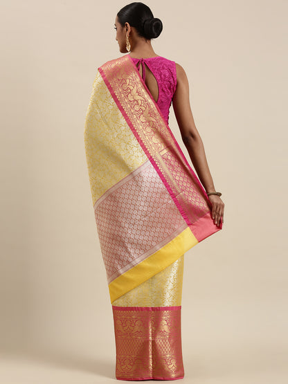 Faishana Presents Presents Gold Kanchi Silk Zari Brocade Contrast Silk Zari Brocade Red Pattu Border Banarasi Saree.